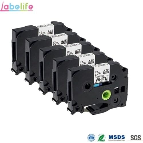 Labelife 5 Pack 12mm TZe-FX231 Compatible for Brother Laminated Flexible ID Black on White Label Supply of Cables or PVC Piping