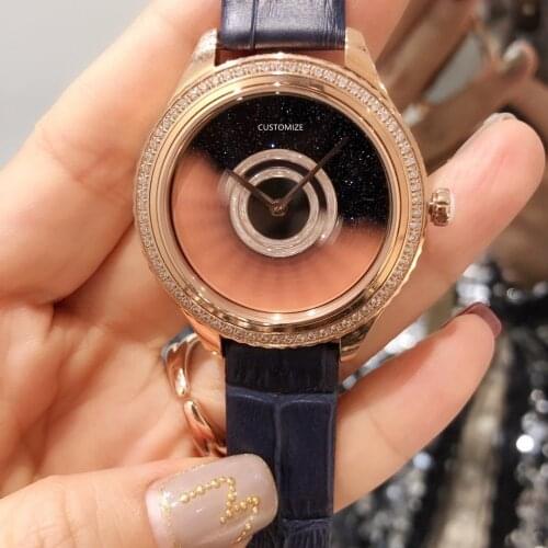 Hot Fashon Blue Genuine Leather Lady Wristwatch Turning Lucky Quartz Watch Starry sky Rose Gold Full Diamnd Clock