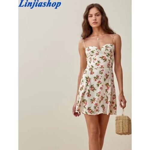 Cute Cherry Print Chiffon Vestidos Retro Summer Tank Dresses Vintage Spaghetti Straps Women Dress