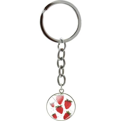 Cute Strawberry Cartoon Drawing Pendants Keychain Cherry Fruits Theme Round Light Metal Girls Key Holders