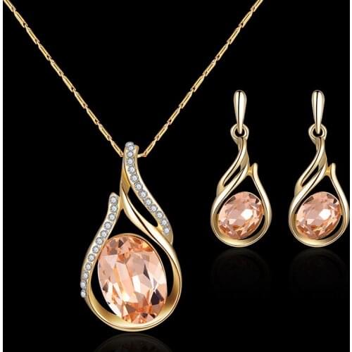 Cute Female Champagne Crystal Jewelry Set Charm Gold Color Dangle Earrings For Women Boho Zircon Stone Wedding Chain Necklace