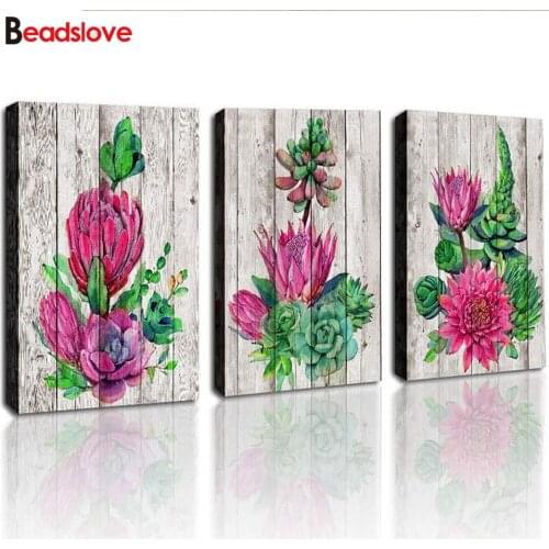 3 pcs Diamond Paint 100% Full Square Round Drill 5D DIY Diamond Painting Cactus flower 3D Embroidery Cross Stitch Home Decor