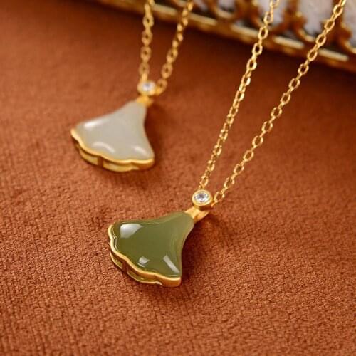 New silver natural Hetian chalcedony pendant necklace Chinese style retro unique ancient gold craft charm womens brand jewelry