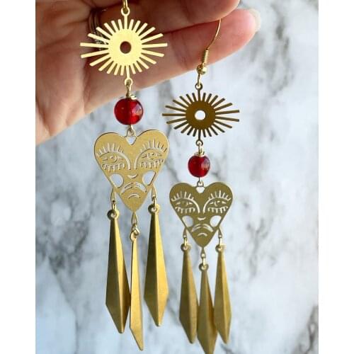 Crying Heart Charms with Red Glass Bead,face,sad,Goth,modern,statement Earrings,beads