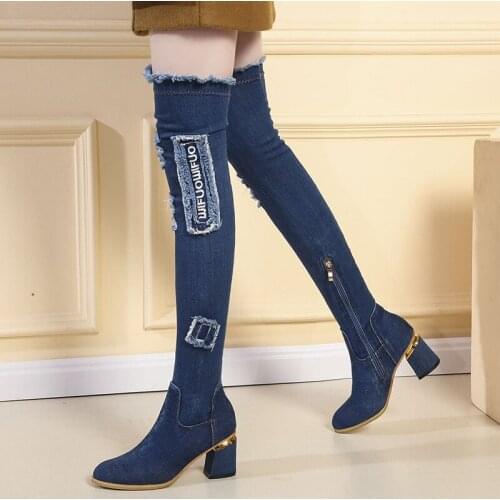 Luxury Designer Womens Denim Boots Over The Knee Pointed Toe Tassel Cut Out Jeans Thigh High Sexy Woman Shoes Long Bota Feminina