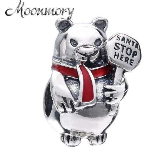 Moonmory Real 925 Sterling Silver Cute Bear Charm Fit For Brand Bracelets Santa Stop Here Wholesale Support Christmas gifts