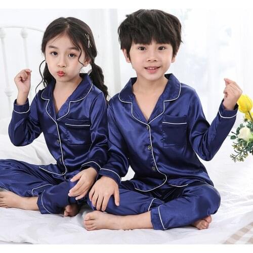 Long Sleeve Silk Pajamas for Girls Boys pjs Spring Pajama Set Silk Satin Pijama Children Pyjamas Sleepwear Suit For 6 8 10 12Y