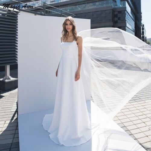 Magic Awn Modest Satin White Wedding Dresses With Tulle Straps Sleeveless Simple Boho Mariage Gowns 2021 Abito Da Sposa