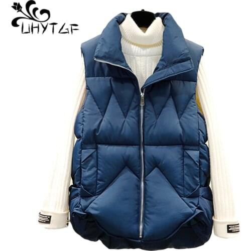 UHYTGF Sleeveless Jacket Women Down Cotton Casual Warm Winter Vest Coat Solid Loose Plus Size Waistcoat Parker Short Tops 1282