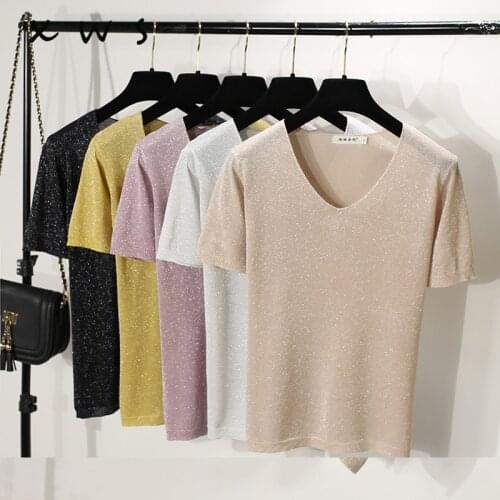 High Quality V-NECK Summer slim Shining Sweater Pullover Women fashion Solid Knitted Sweater casual Female Sweater lazy 2019