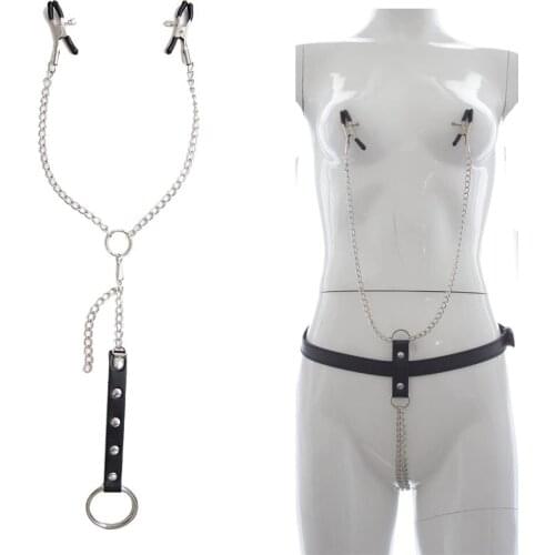Adult Male Fetish Chained Nipple Clamps with Metal Cock Ring Set Leather Strap Sub Role Play Sex Restraint Toy