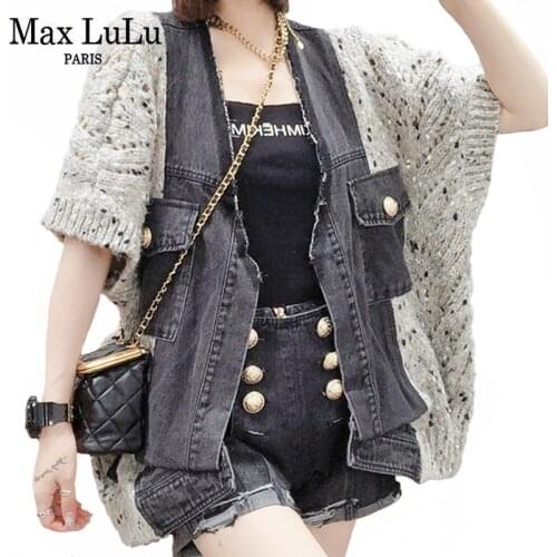 Max LuLu 2021 Summer Fashion New Womens Knitted Patchwork Jackets Ladies Denim Short Sleeve Loose Coats Girls Vintage Clothing