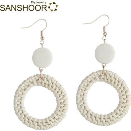 SANSHOOR 4**8cm On Sale Handwoven Rattan Earrings Hoop Dangler Elegant Woman Pick Natural Wood Jewelry Design for Female 6 Pairs