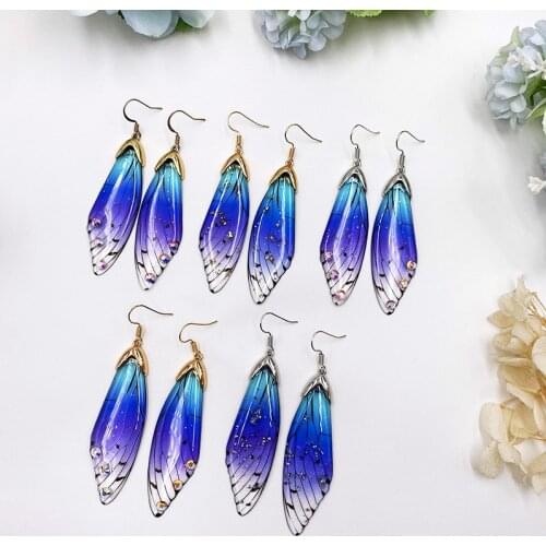Handmade Femme Wing Drop Earrings Gold Color Fairy Tale Cicada Wings Earrings Rhinestone Purple butterfly Vintage Jewelry