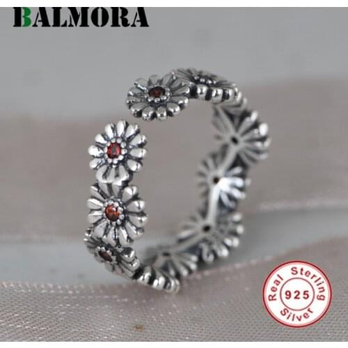 BALMORA 100% Pure 925 Sterling Silver Floral Ring For Women Open Adjustable Finger Ring Retro Stackable Ring Daily Jewelry Gift