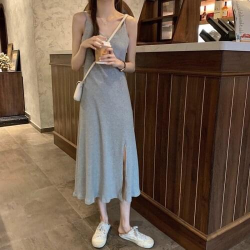 2021 Summer New Camisole Dress Women‘s Casual All Match Long Split Dresses Ladies Solid Color Korean French V-Neck Dress Female
