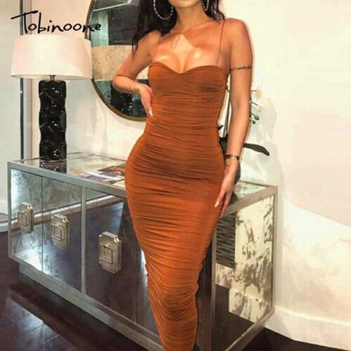 Tobinoone Pleated Spaghetti Strap Sexy Dress Women Blackless V Neck Bodycon Midi Dresses Solid Sleeveless Sheath Party Vestodos