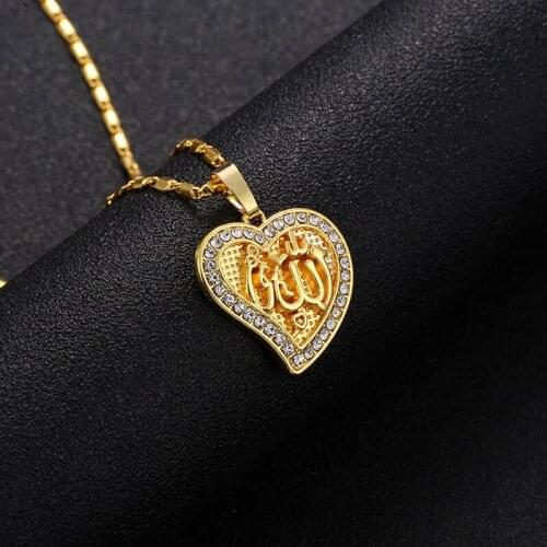 Arabic Women Heart Shape Gold-color Muslim Islamic God Allah Charm Pendant Necklace Jewelry Ramadan Gift wholesale