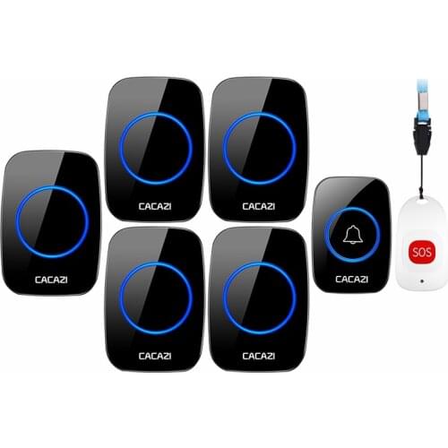 CACAZI Smart Home Wireless Pager Doorbell Old man Emergency Alarm 80m Remote Call Bell 1 Button 1 Pager 5 Receiver US EU UK Plug