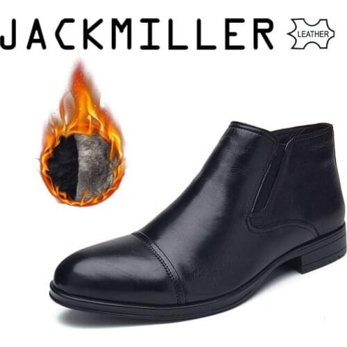 Jackmiller Genuine Leather Mens Ankle Boots Black Color Basic Boot Wool Lining Winter Goring & Zipper Rubber Outsole Size 40-44