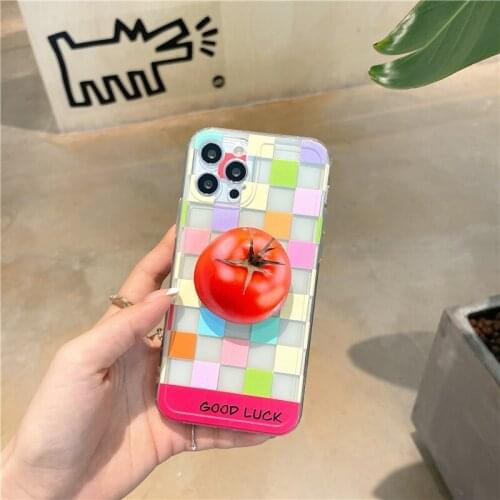 Cute Lattice Tomato Bracket Phone Case For iPhone 12 11 Pro MAX XS X XR SE20 8 7Plus 3D Fruit Grip Stand Holder Sodt Cover Shell