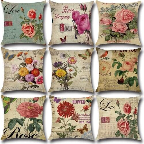 Pure Linen Cushion Cover Rose Flower Pillow Cover for Home Chair Sofa Decorative Pillows Oil Painting Flowers Pillows