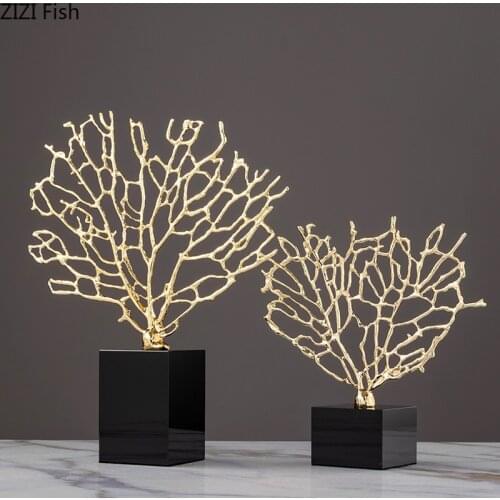 Minimalist Alloy Coral Crafts Ornaments Black Crystal Base Desktop Decor Artwork Statuette Living Room Decoration Furnishings