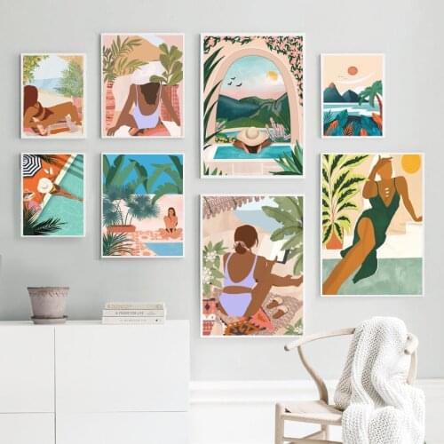 Monstera Swimming Pool Woman Boho Nature Wall Art Canvas Painting Nordic Posters And Prints Wall Pictures For Living Room Decor