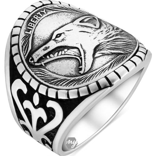 Solid 925 Sterling Silver Liberty Written Wolf Mens Ring