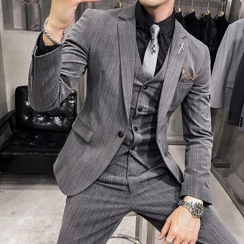Men Formal Business Gray Wedding 3 Pcs Suit Set / Male black stripe Blazers Jacket Trousers Pants Vest Trousers Dress Waistcoat