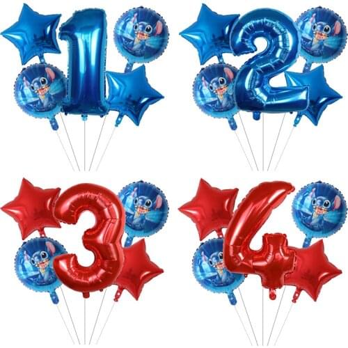 5pcs Red Blue Cartoon Lilo & Stitch Foil Balloons Set 30inch Number Globos Baby Shower Birthday Party Decorations Kids Toy Gift