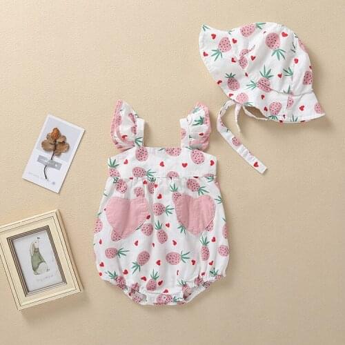 2019 NEW Baby Girls Clothes Summer Sunsuit Lemmon Print Princess Rompers+Sun Hat Brief Set Infant Outfit Girls Jumpsuit Clothes