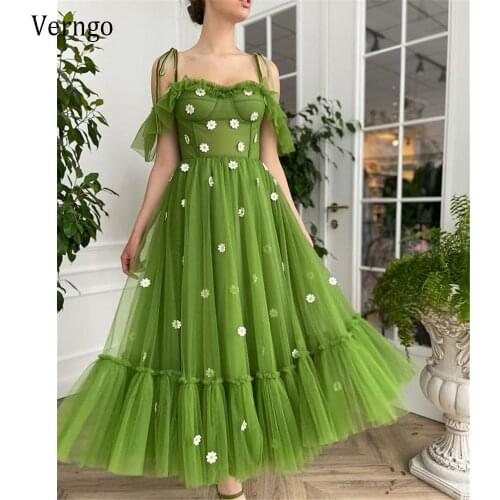 Verngo New Design Green Tulle A Line Prom Dresses 2021 Off Shoulder Short Sleeves Straps 3D Flowers Ankle Length Formal Gown