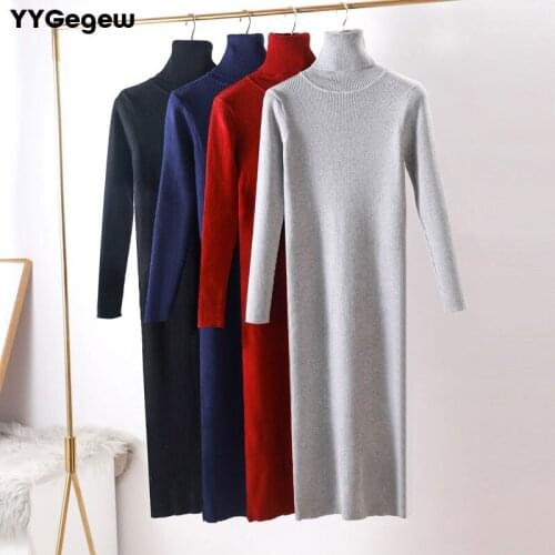 Autumn Winter Women basic Sweater Dress Turtleneck Knit Sexy Bodycon long sleeve female office Long dress Warm maxi dress red