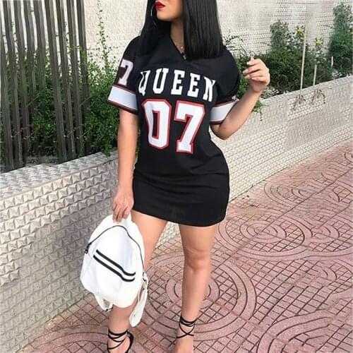 Plus Size Summer Woman Dress Casual V-Neck Queen 07 Letter Print Hip Hop Mini Vestidos Short Sleeve Female Fashion Clothes