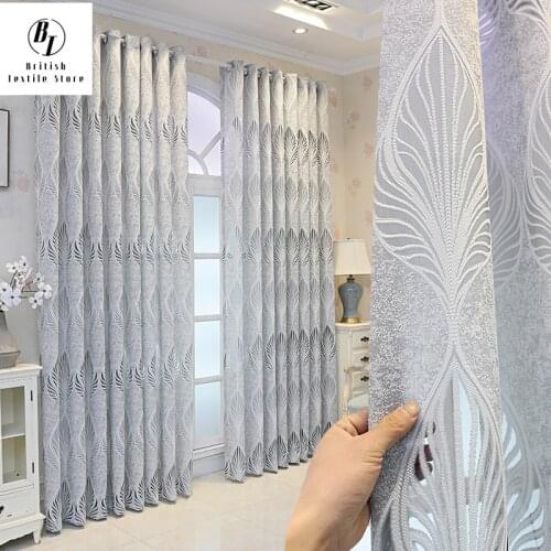 2021 Translucent and Opaque Gray Simple Modern Leaf Gauze Curtain Semi-blackout Curtains for Living Dining Room Bedroom