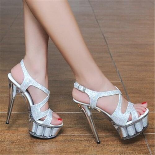 Transparent soles silver shiny 15 cm high heel sandals, model, stage show plus-size, sandals