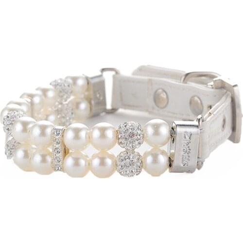 Luxury Pearls Cat Dog Collar Adjustable Rhinestone Puppy Necklace Belt PU Leather Pet Collars for Small Medium Dogs Accessories