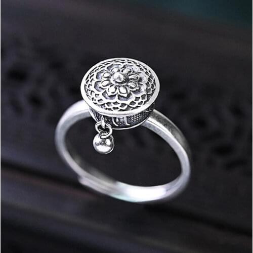 S925 Sterling Silver Ring Womens Retro Ethnic Style Prayer Wheel Rotatable Six Words Mantra Adjustable Mouth Ring