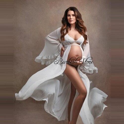 Sexy Nightgown See Thru Maternity Women Dresses 2021 Real Image Long Chiffion Dress Summer Full Sleeves Robe Vestidos