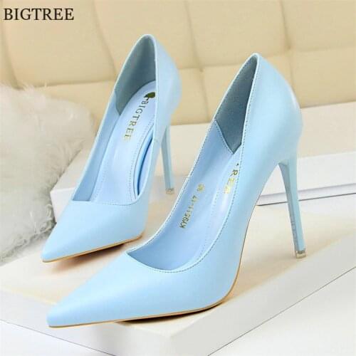 Soft Leather Concise High Heels Shoes New Autumn Fashion Women Pumps Pointed Toe Slip On Candy Colors Office Woman Wedding Shoes