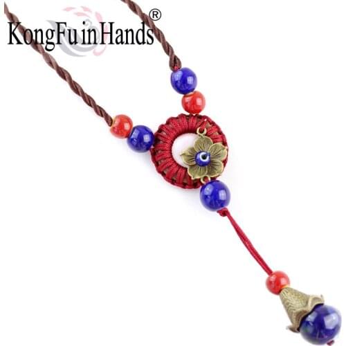 Kongfu In Hands Statement Vintage Flower Pendant Long Necklace Winter Sweater Chain for Women China Ceramic New Jewelry