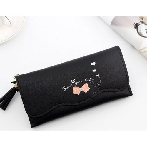 Women Wallets Bow Tri-fold Buckle Coin Purses Female Tassel Long Solid Color Pu Leather Card Holder Fashion Cartoon Money Bag