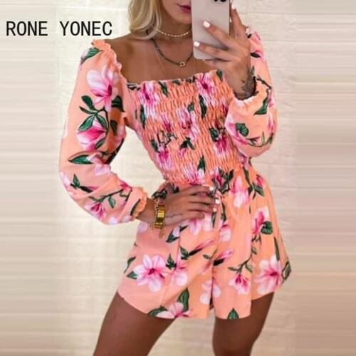 Women Casual Square Neck Puff Sleeve All Over Print Pleated Sweet Rompers