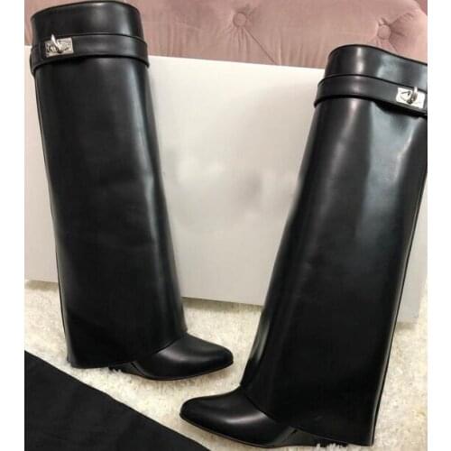 Carpaton Shark Lock Women Boots Sexy Slip-on Knee High Boots For Woman Motorcycle Leather Riding Boots Height Increasing Shoes