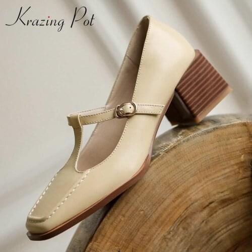 Krazing Pot large size simple style full grain leather dating square toe thick med heel buckle straps young lady women pumps L86