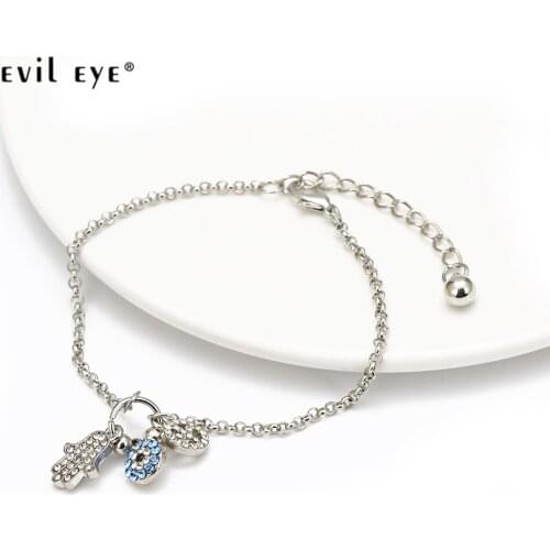 EVIL EYE Fatima Hamsa Hand Blue Turkish Evil Eye Charm Bracelet Silver Color Adjustable Bracelet for Women Girls Jewelry EY154