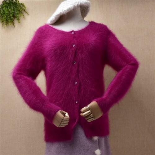 Pull rose ladies women hairy plush mink cashmere knitted short cardigans angora rabbit hair Autumn Winter jacket coat sweater
