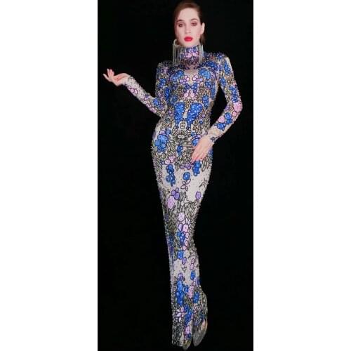 Women Blue Purple Rhinestone Flower Pattern Spandex Long Dresses Birthday Prom Outfit Evening Women Dancer Singer Vintage Dress
