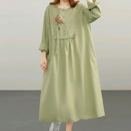 Johnature 2021 Autumn New Mori Linen Embroidery Print Women Dresses Vintage Patchwork Lace Loose Full Sleeve Female Dress